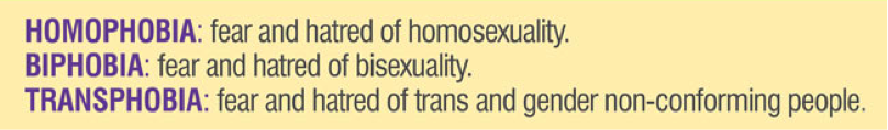 Homophobia: Fear and hatred of homosexuality; Biphobia: Fear and hatred of bisexuality; Transphobia: Fear and hatred of trans and gender non-conforming people