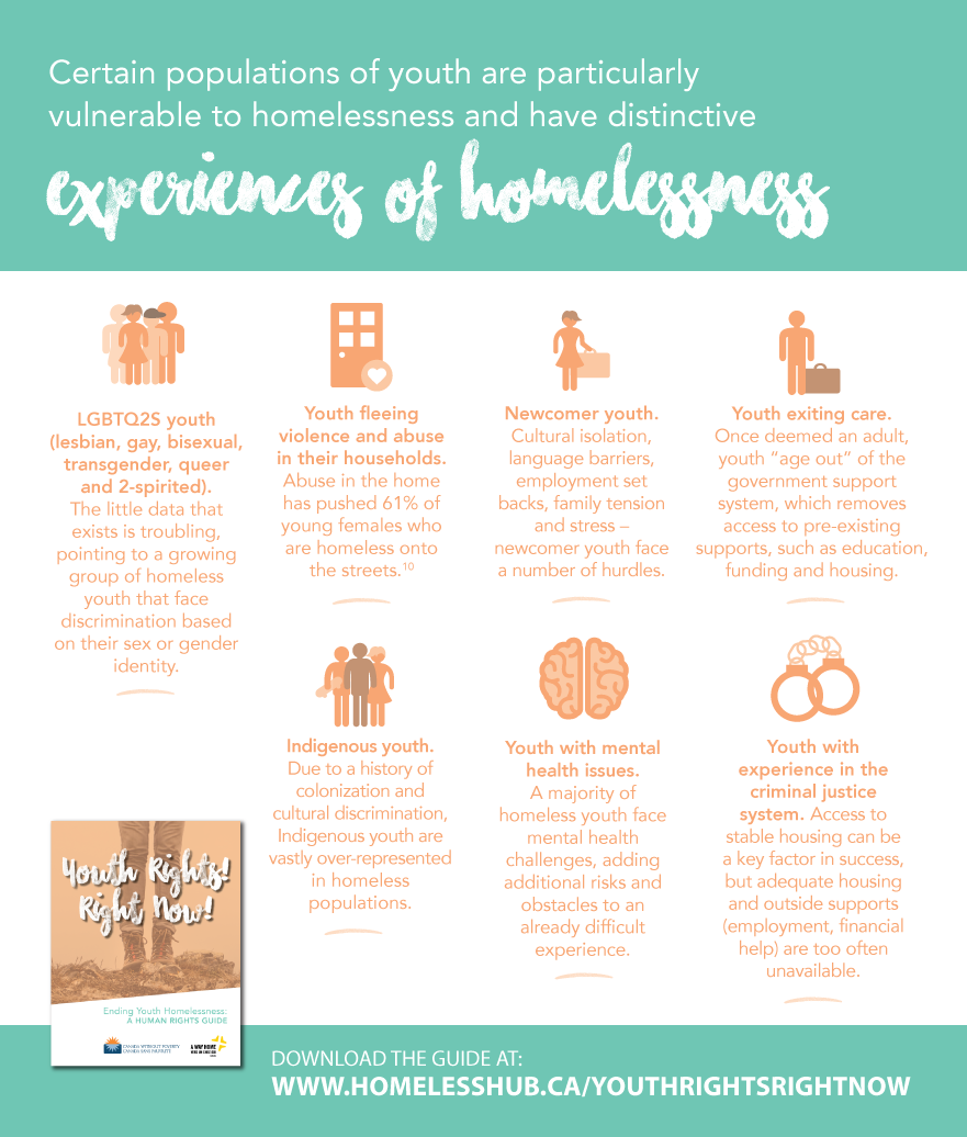 Certain populations of youth are particularly vulnerable to homelessness and have distinctive experiences of homelessness. See the Guide for more information.