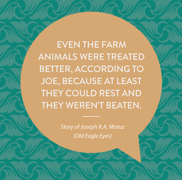 Even the farm animals were treated better, according to Joe, because at least they could rest and they weren’t beaten.